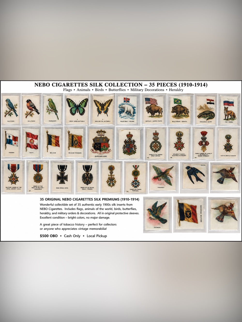 Rare - Cigarette Silks from 1910’s - Array of different designs!!